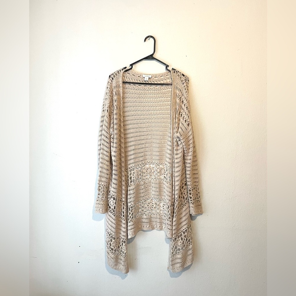 Sundance Catalog Tan Crocheted‎ “Fosette Cardigan” Size X-Small Oversized